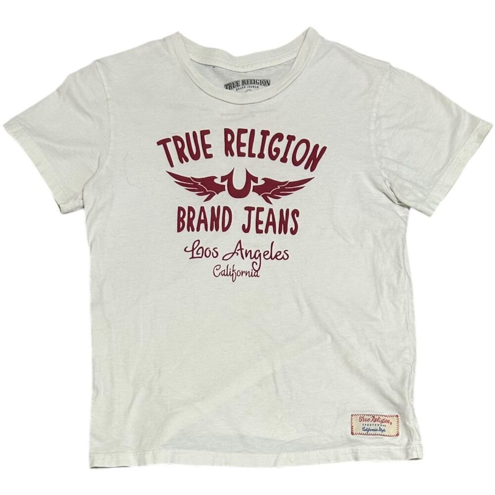 True Religion White Short Sleeve Logo Tee with Burgundy Print